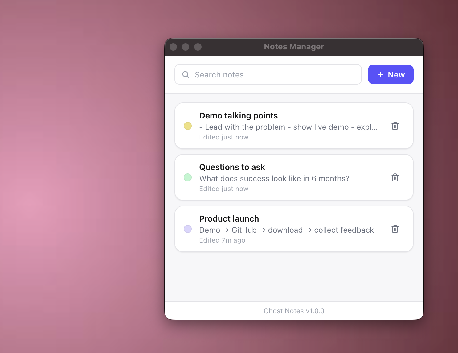Ghost Notes Manager showing a list of saved notes with search